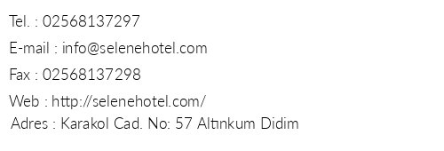 Selene Hotel telefon numaralar, faks, e-mail, posta adresi ve iletiim bilgileri